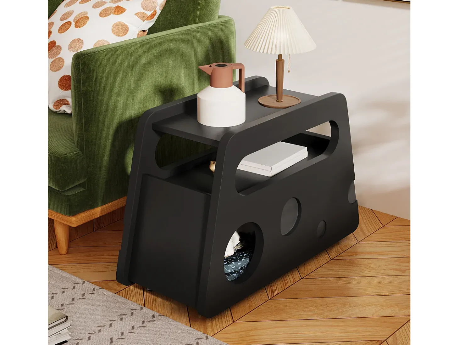 Mesa Lateral Móvel com Prateleiras de Armazenamento, Buffet - 81x33x51,5 cm - MDF - Preto