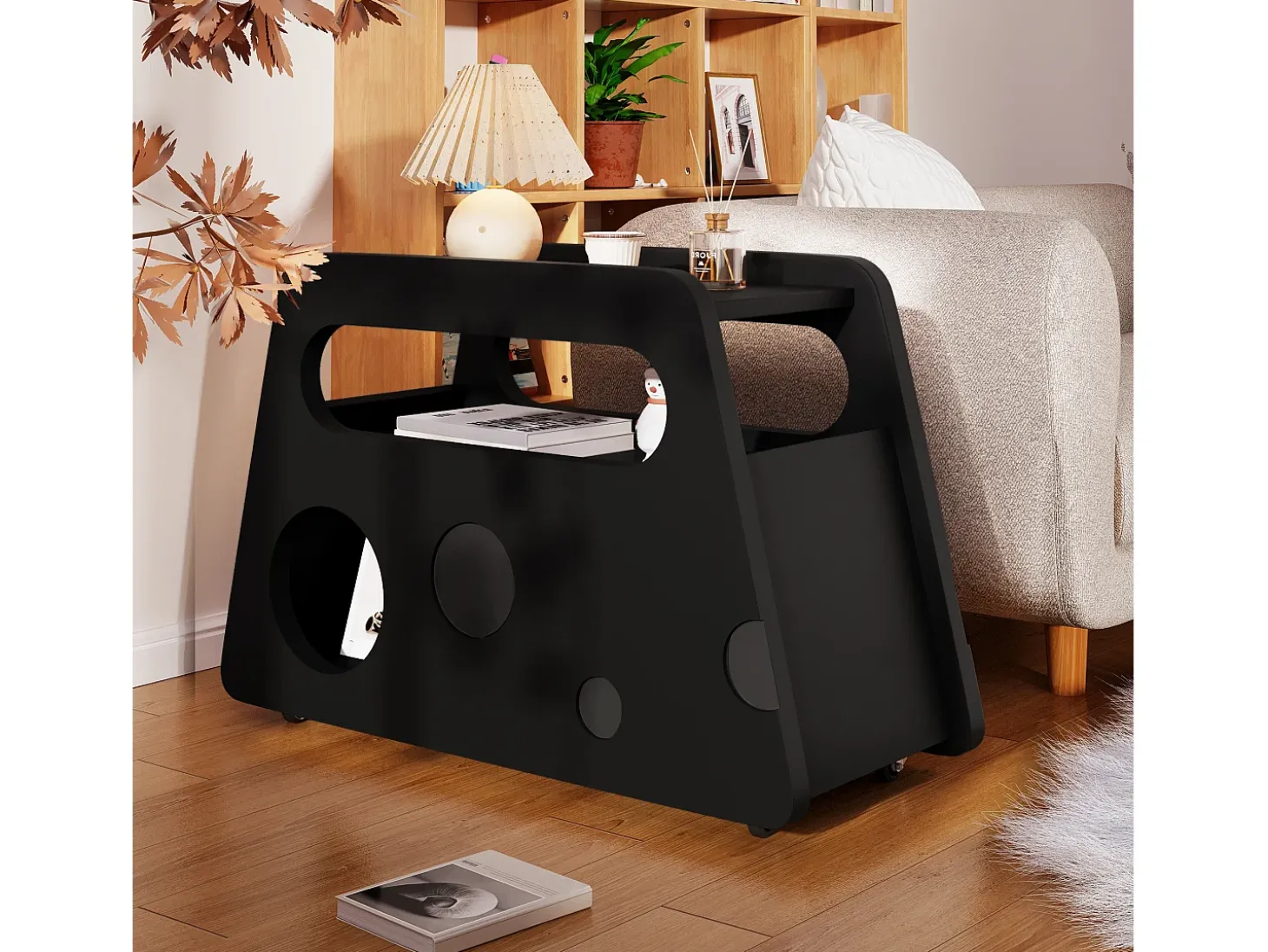 Mesa Lateral Móvel com Prateleiras de Armazenamento, Buffet - 81x33x51,5 cm - MDF - Preto
