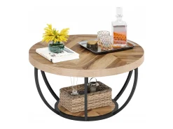 Mesa redonda baixa de coquetel industrial moderna com dois níveis e prateleiras, mesa auxiliar circular para sofá com pernas de metal