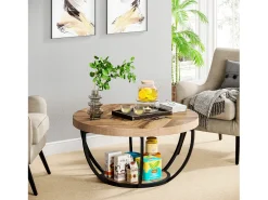 Mesa redonda baixa de coquetel industrial moderna com dois níveis e prateleiras, mesa auxiliar circular para sofá com pernas de metal