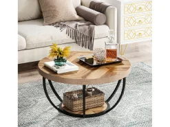 Mesa redonda baixa de coquetel industrial moderna com dois níveis e prateleiras, mesa auxiliar circular para sofá com pernas de metal