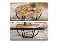 Mesa redonda baixa de coquetel industrial moderna com dois níveis e prateleiras, mesa auxiliar circular para sofá com pernas de metal