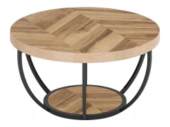 Mesa redonda baixa de coquetel industrial moderna com dois níveis e prateleiras, mesa auxiliar circular para sofá com pernas de metal