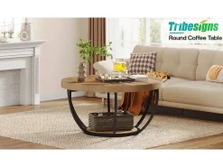 Mesa redonda baixa de coquetel industrial moderna com dois níveis e prateleiras, mesa auxiliar circular para sofá com pernas de metal