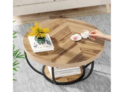 Mesa redonda baixa de coquetel industrial moderna com dois níveis e prateleiras, mesa auxiliar circular para sofá com pernas de metal