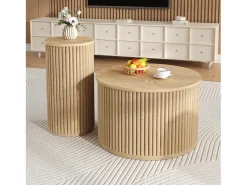 Mesa redonda dupla - com tampos de madeira natural - Mesa de centro - MDF - natural