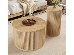 Mesa redonda dupla - com tampos de madeira natural - Mesa de centro - MDF - natural