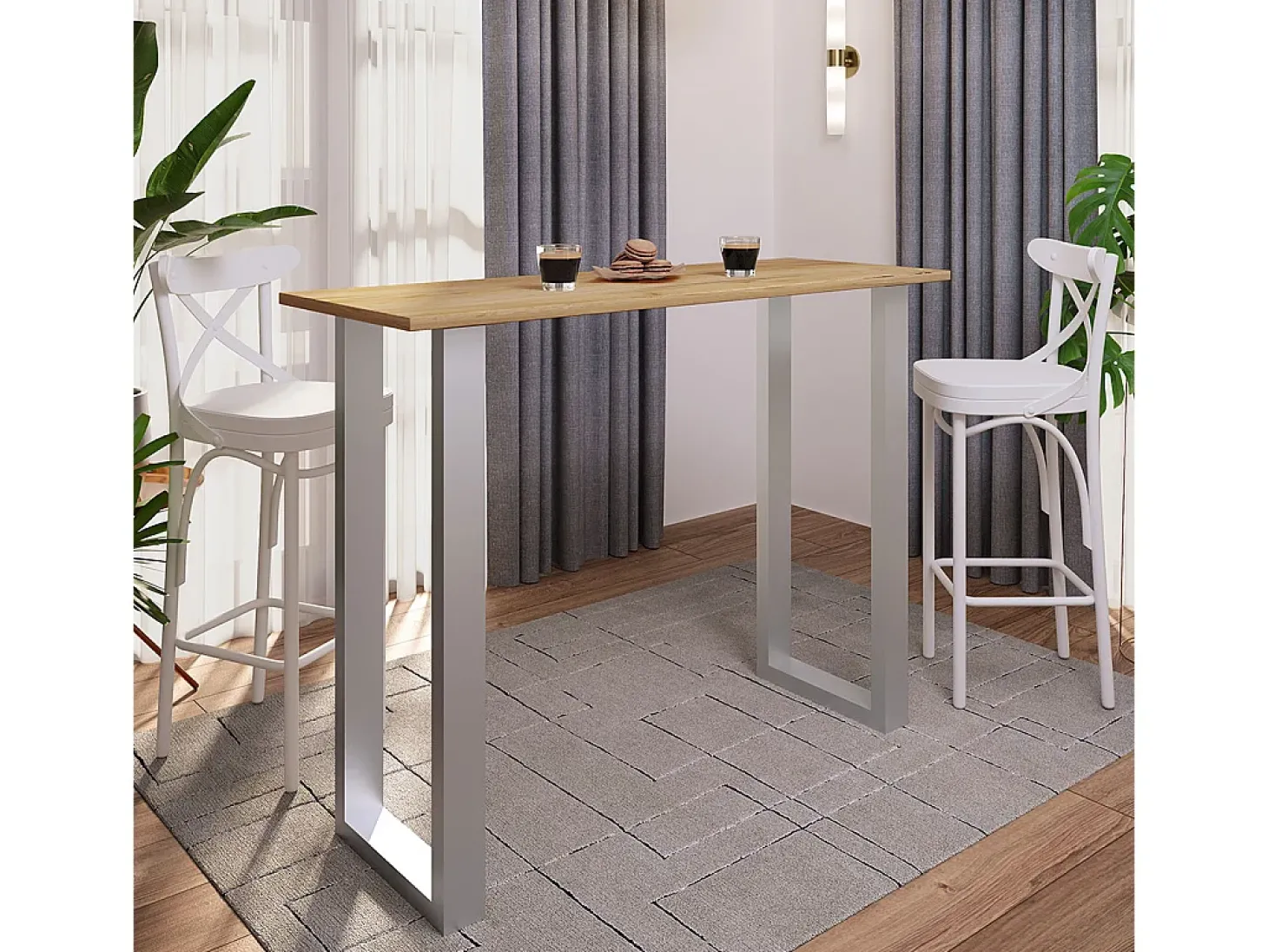 Mesa VCM Bar | Tresen | Mesa em pé | Mesa alta | Mesa Barba Bar - Xona 140x50 cm (Prata / Carvalho Mel)