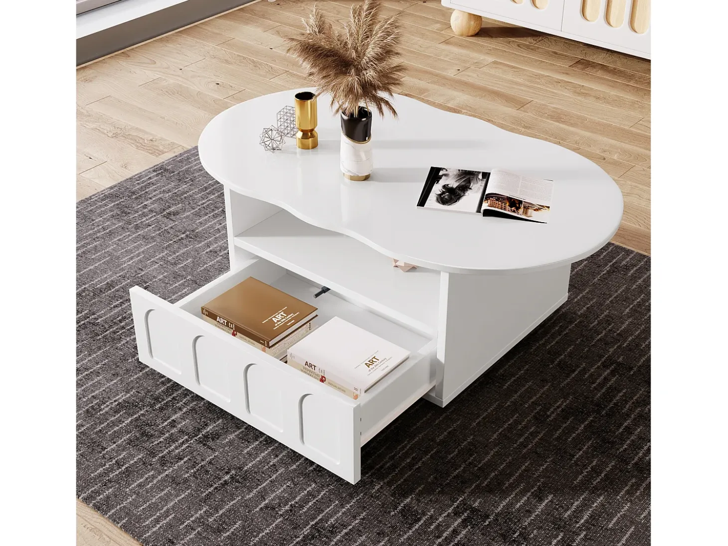 Mesa de centro com gavetas e compartimento aberto - tampo em forma de nuvem - Branco