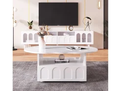 Mesa de centro com gavetas e compartimento aberto - tampo em forma de nuvem - Branco