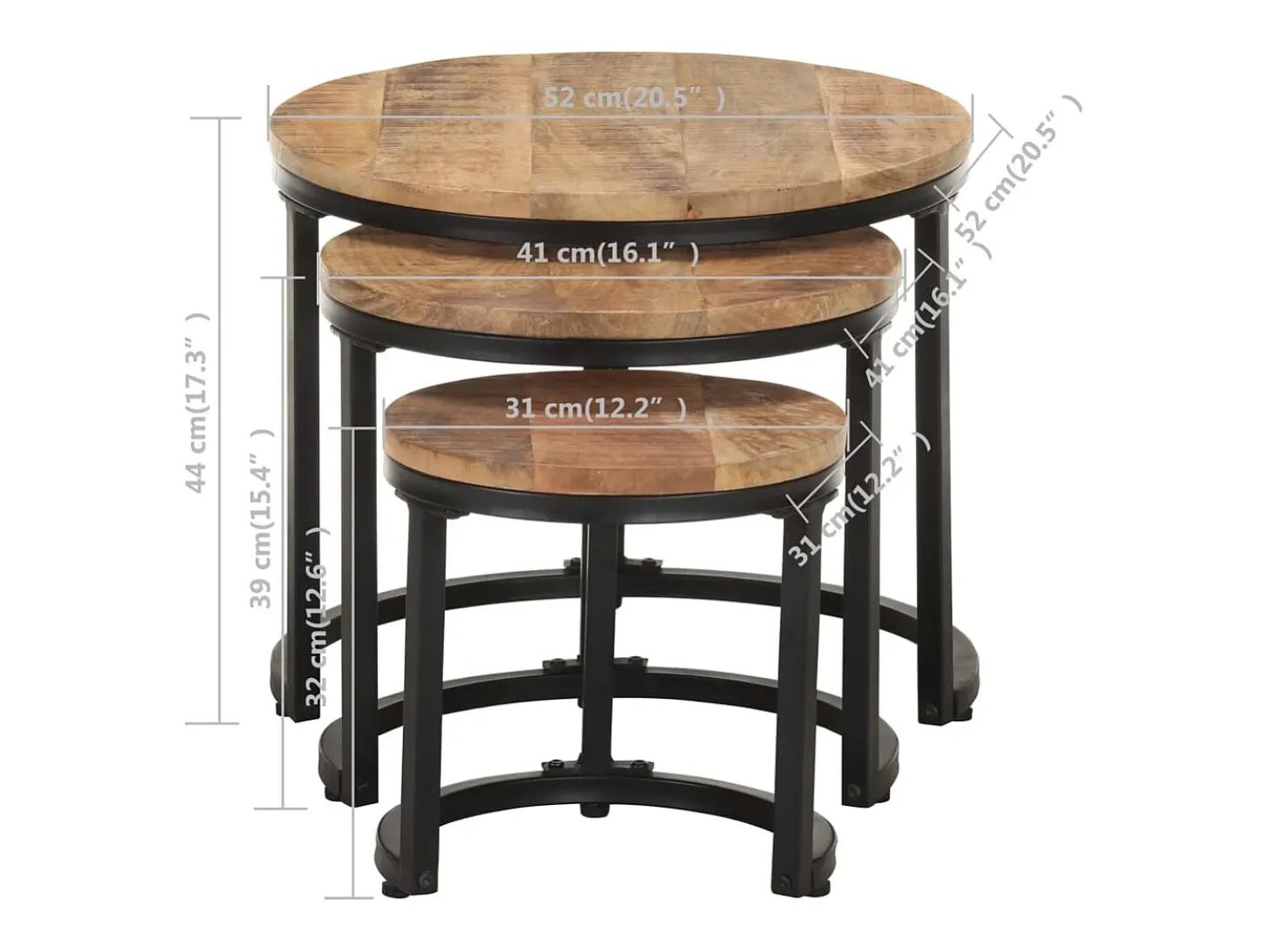 Mesas de apoio 3 pcs madeira de mangueira áspera