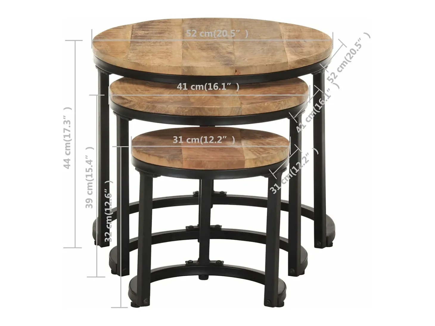Mesas de apoio 3 pcs madeira de mangueira áspera