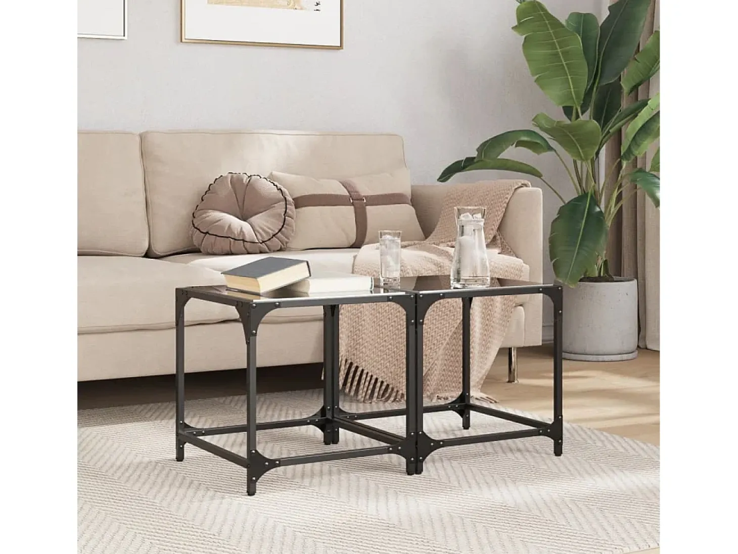 Mesas de centro c/ topo em vidro preto 2 pcs 40x40x40 cm aço PT448207
