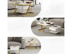 Mesas de centro nido quadradas, com tampo rebatível, pés de metal dourado, carga máx. 80kg, Branco e dourado