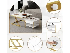 Mesas de centro nido quadradas, com tampo rebatível, pés de metal dourado, carga máx. 80kg, Branco e dourado