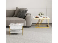 Mesas de centro nido quadradas, com tampo rebatível, pés de metal dourado, carga máx. 80kg, Branco e dourado