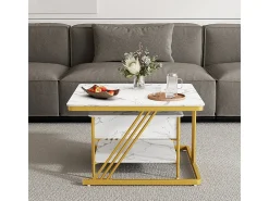 Mesas de centro nido quadradas, com tampo rebatível, pés de metal dourado, carga máx. 80kg, Branco e dourado