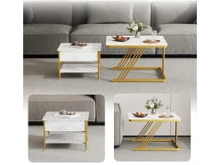 Mesas de centro nido quadradas, com tampo rebatível, pés de metal dourado, carga máx. 80kg, Branco e dourado