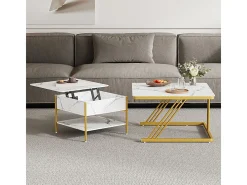 Mesas de centro nido quadradas, com tampo rebatível, pés de metal dourado, carga máx. 80kg, Branco e dourado