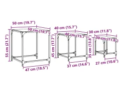 Mesas de encaixar 3 pcs c/ tampo vidro transparente aço
