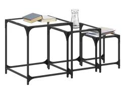 Mesas de encaixar 3 pcs c/ tampo vidro transparente aço