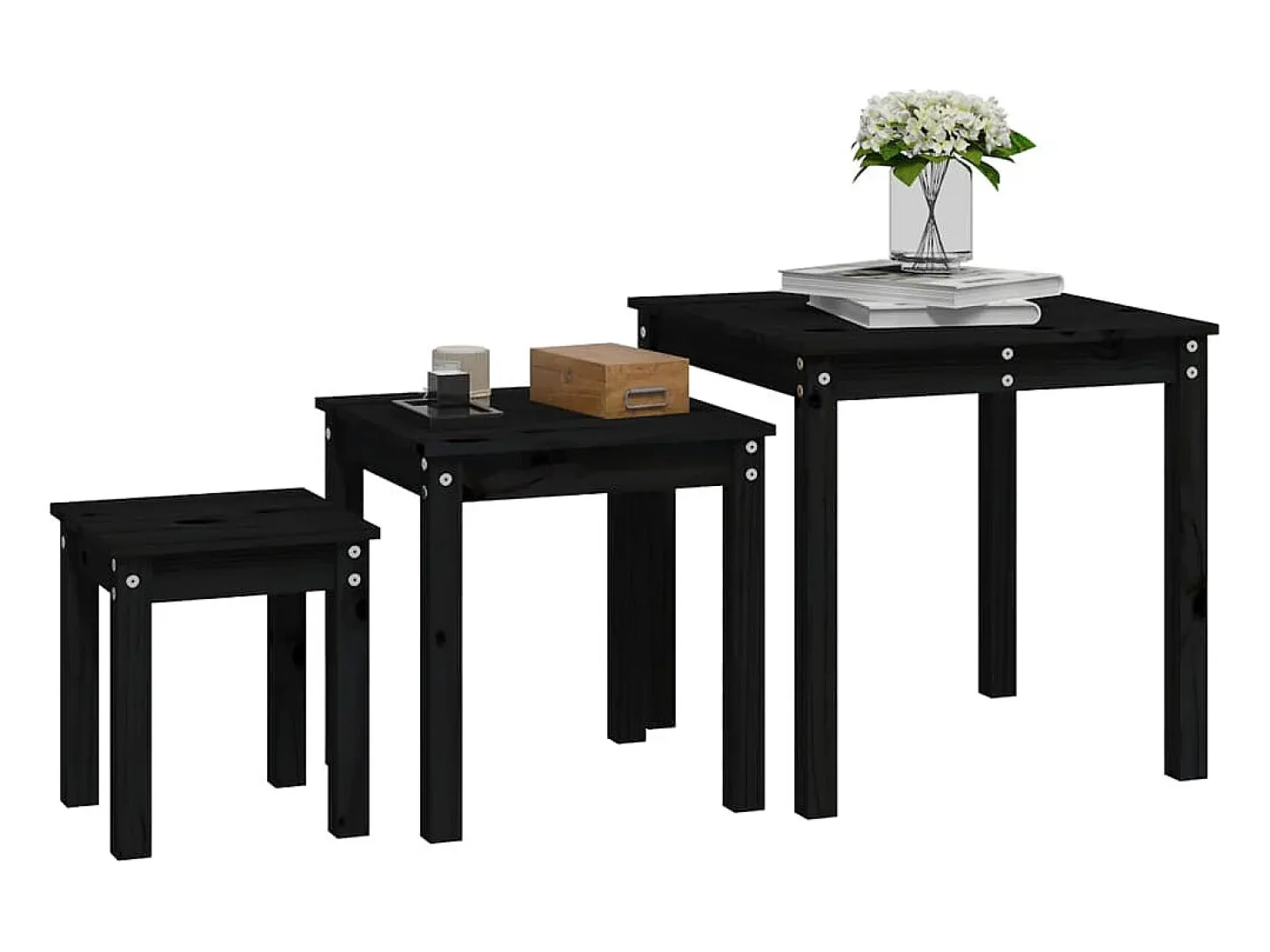 Mesas de encastrar 3 pcs madeira de pinho maciça preto