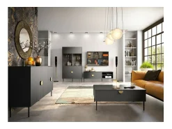 Meuble TV 4 Portes - Noir avec Poignées Dorées - 200 CM - Collection MONDO