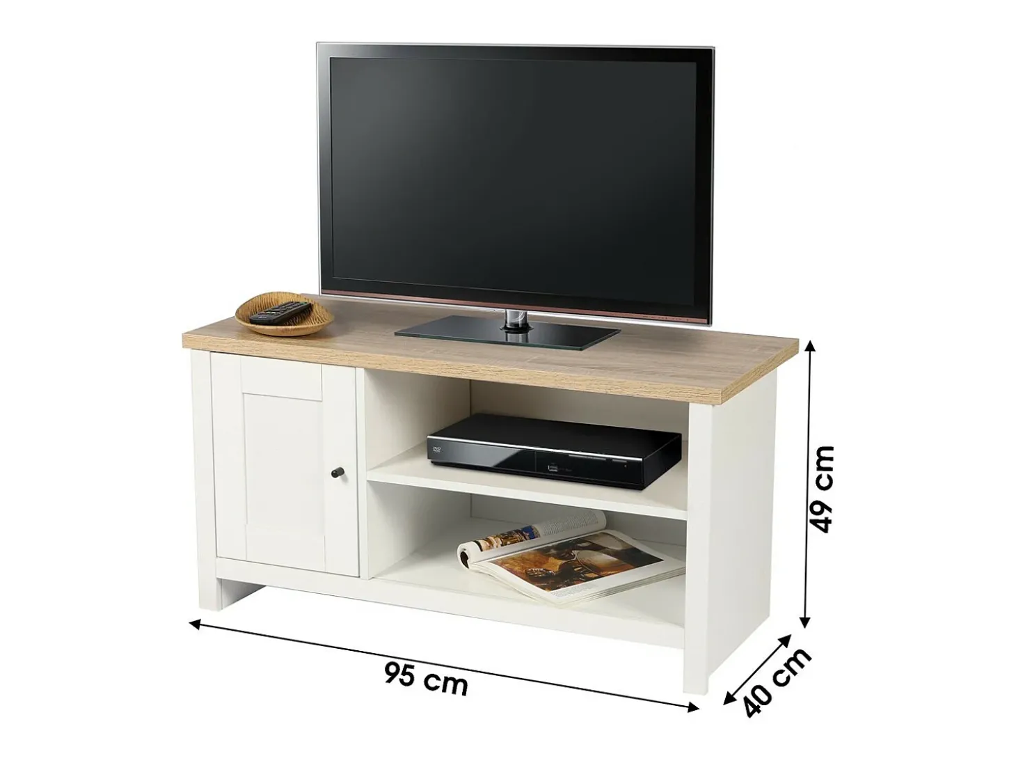 Meuble TV avec 2 niches et 1 porte design colonial – 95x40xH49 cm, coloris blanc et plateau chêne clair – Collection MADERA