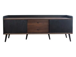 Meuble TV avec 2 tiroirs et 2 portes coulissantes, porte rayée, noir et bois