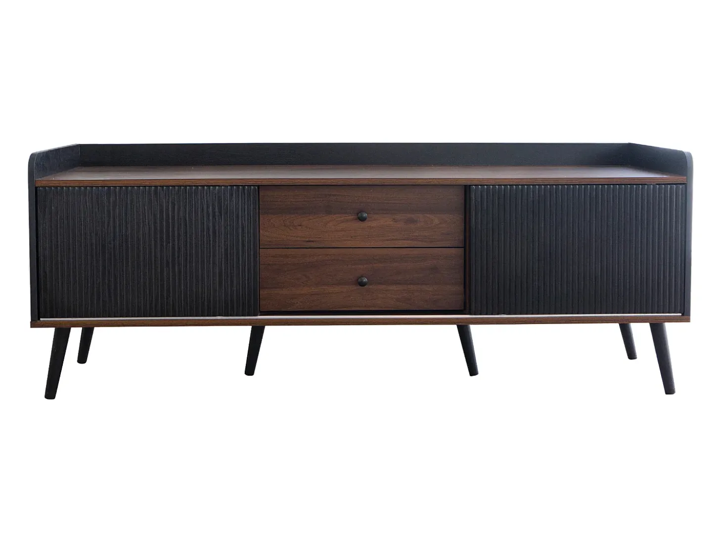 Meuble TV avec 2 tiroirs et 2 portes coulissantes, porte rayée, noir et bois