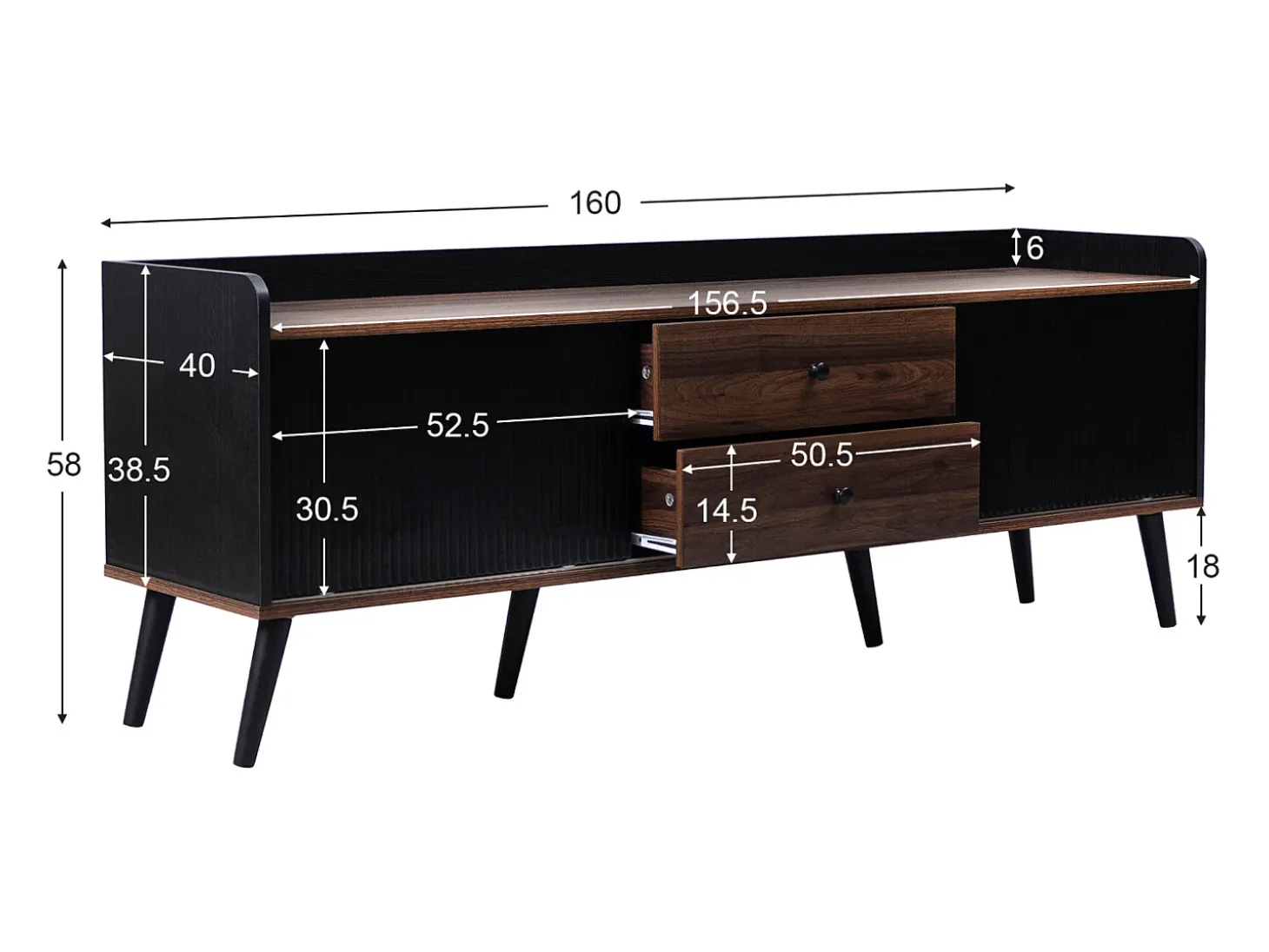 Meuble TV avec 2 tiroirs et 2 portes coulissantes, porte rayée, noir et bois