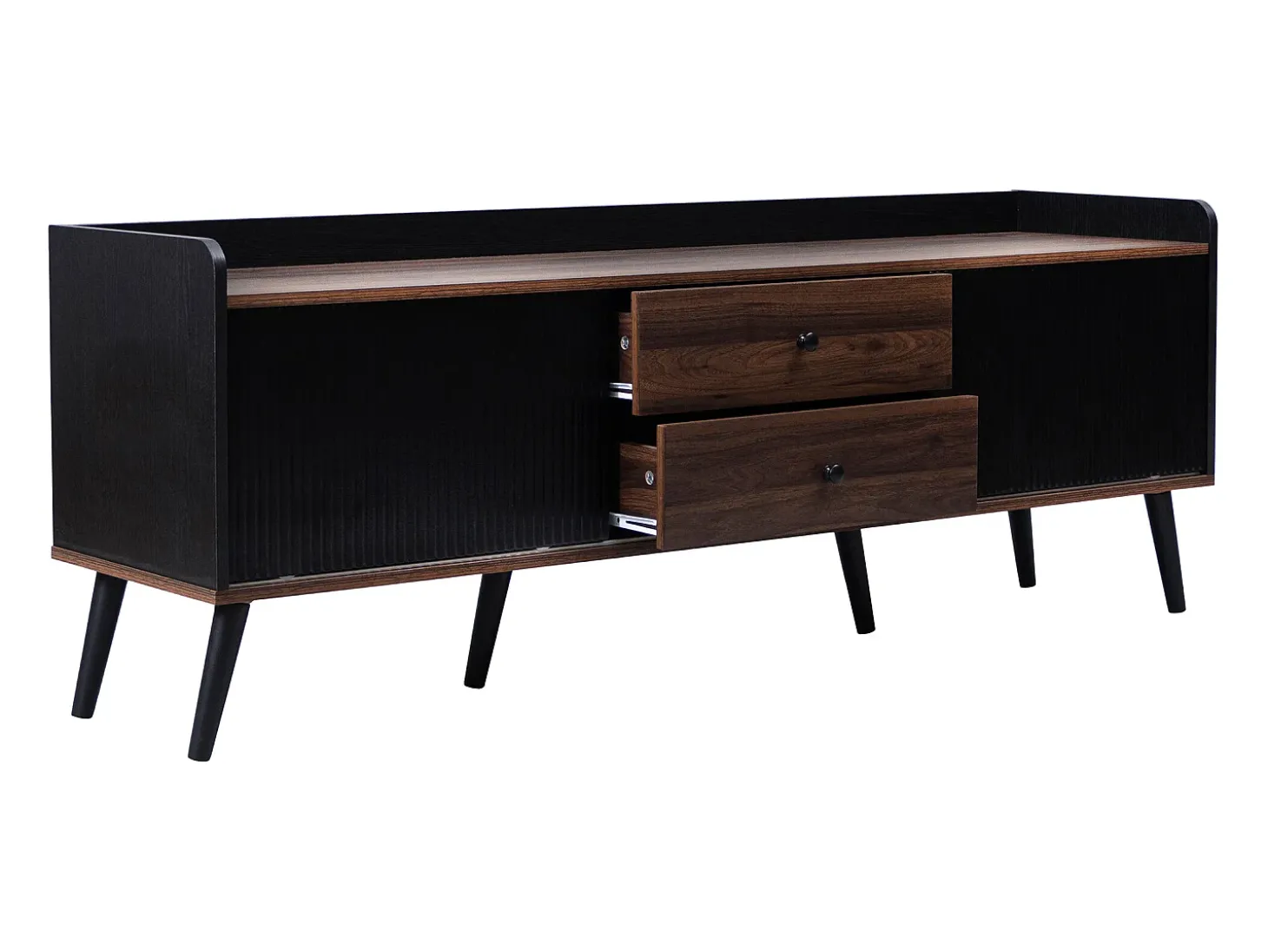 Meuble TV avec 2 tiroirs et 2 portes coulissantes, porte rayée, noir et bois