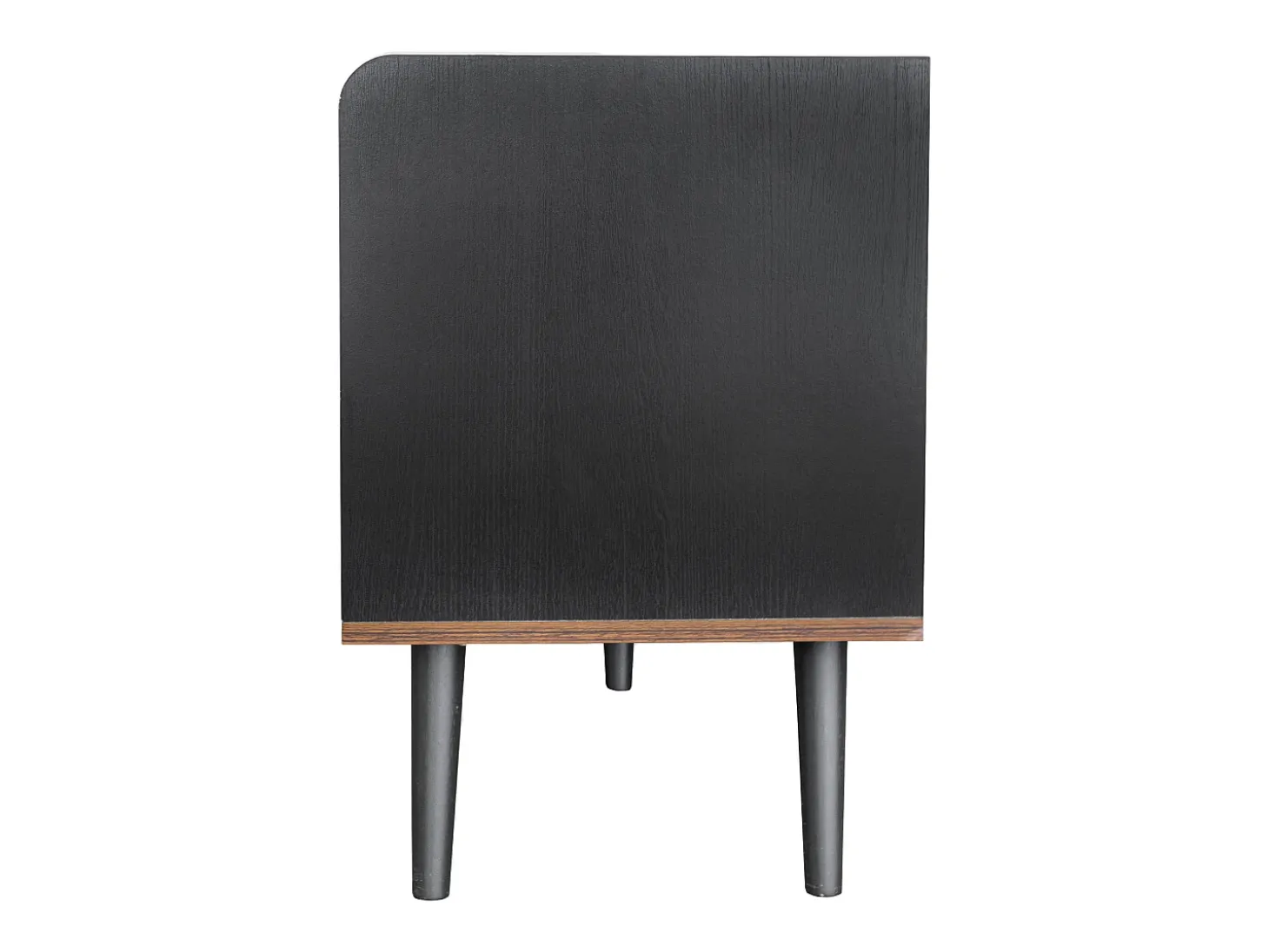 Meuble TV avec 2 tiroirs et 2 portes coulissantes, porte rayée, noir et bois