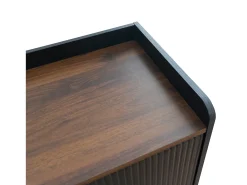 Meuble TV avec 2 tiroirs et 2 portes coulissantes, porte rayée, noir et bois