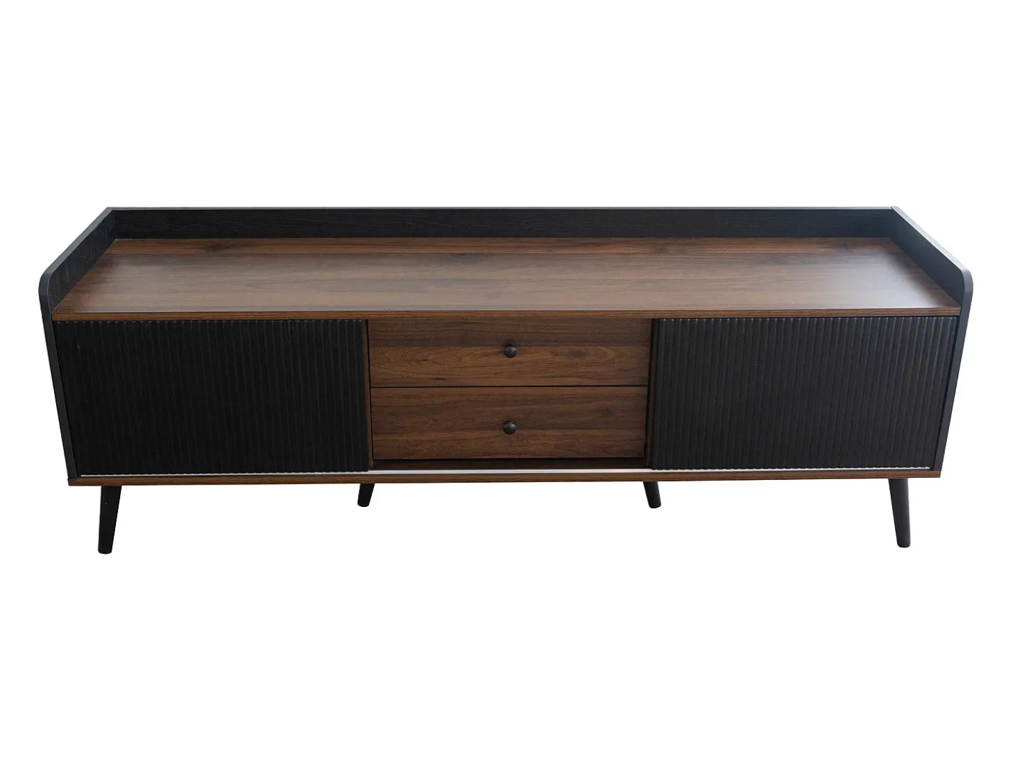 Meuble TV avec 2 tiroirs et 2 portes coulissantes, porte rayée, noir et bois