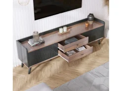 Meuble TV avec 2 tiroirs et 2 portes coulissantes, porte rayée, noir et bois