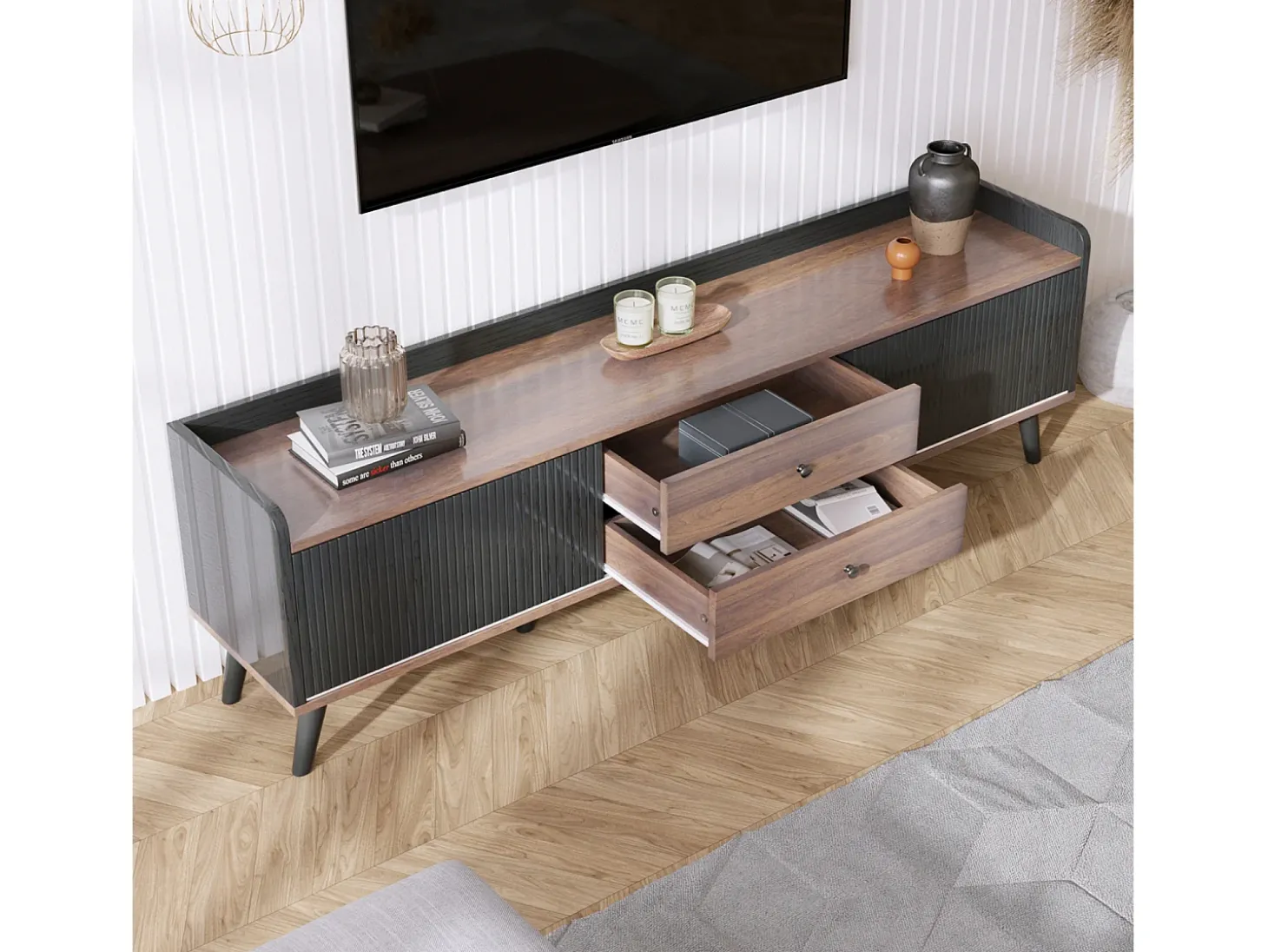 Meuble TV avec 2 tiroirs et 2 portes coulissantes, porte rayée, noir et bois