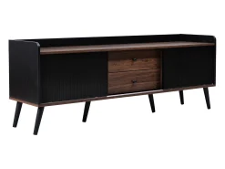 Meuble TV avec 2 tiroirs et 2 portes coulissantes, porte rayée, noir et bois