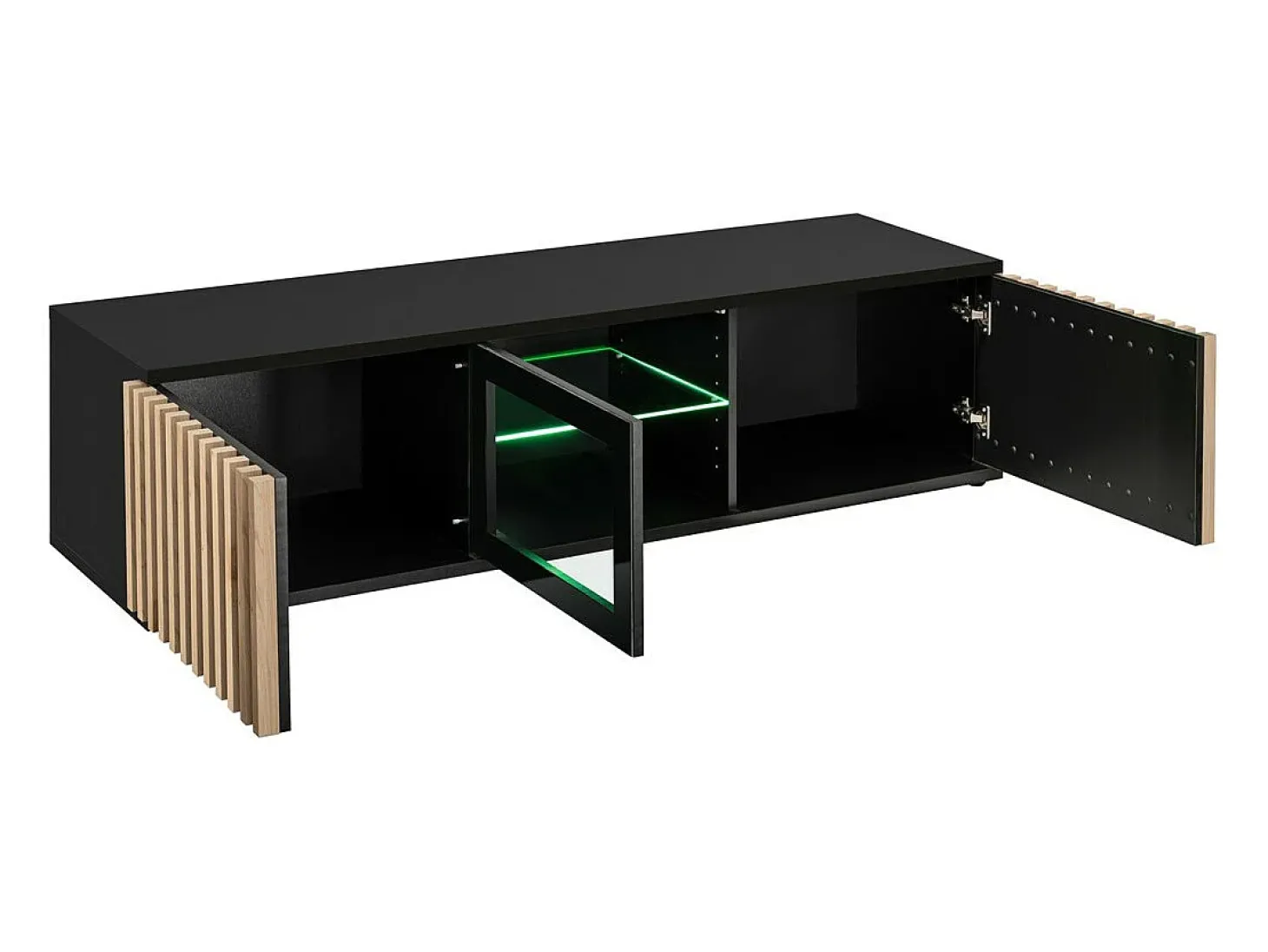 Meuble TV 160cm coloris chêne et noir collection DEAN. Meuble design avec 2 portes et 2 niches.
