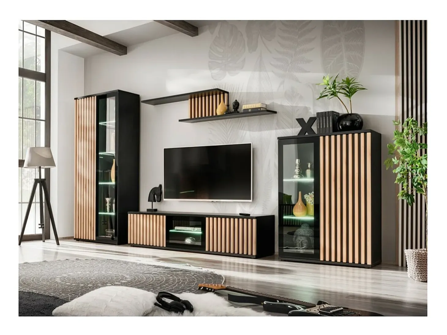 Meuble TV 160cm coloris chêne et noir collection DEAN. Meuble design avec 2 portes et 2 niches.