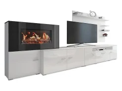 Mobiliário com lareira eléctrica com 5 níveis de chama, Branco Mate e Branco Brilhante, 290x45x170cm