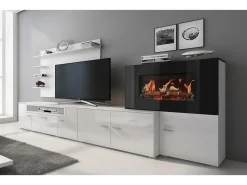 Mobiliário com lareira eléctrica com 5 níveis de chama, Branco Mate e Branco Brilhante, 290x45x170cm