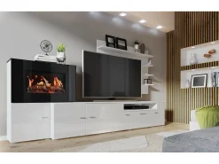 Mobiliário com lareira eléctrica com 5 níveis de chama, Branco Mate e Branco Brilhante, 290x45x170cm