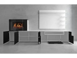 Mobiliário com lareira eléctrica com 5 níveis de chama, Branco Mate e Branco Brilhante, 290x45x170cm