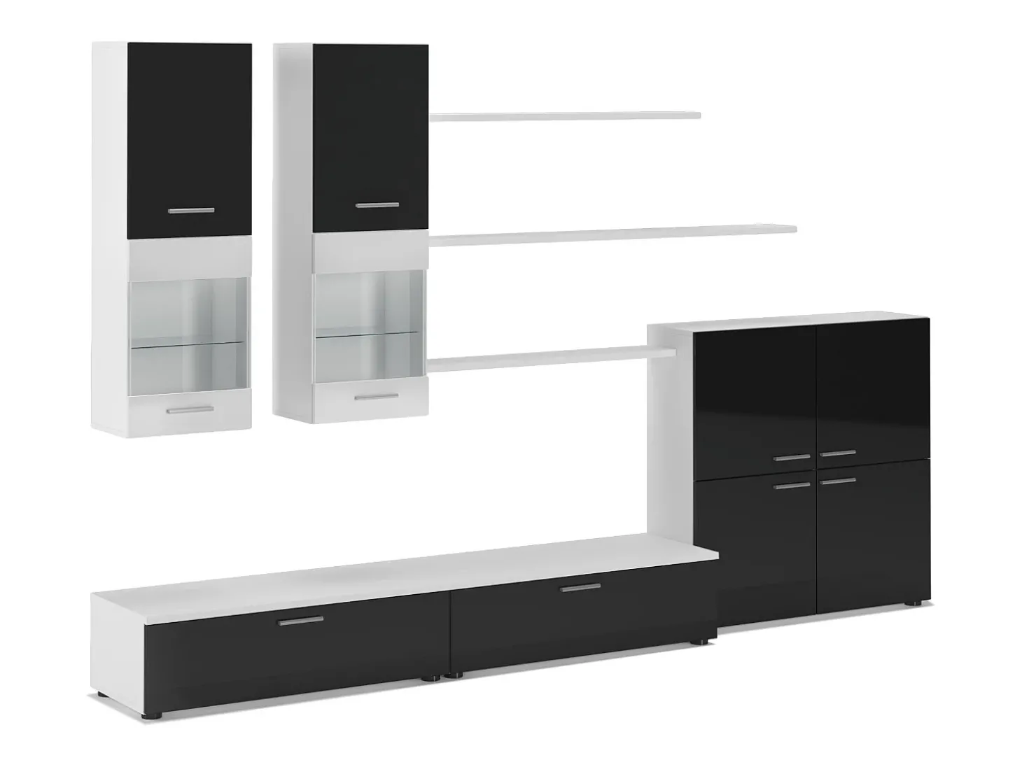Mobiliário com luzes LED, Laca Negra Brilhante e Branco Mate, 300x42x189cm
