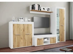 Mobiliário de TV VCM | 4 pcs. Parede viva com espaço de armazenamento suficiente | Armário de TV | Parede montada – Usilo L (Branco / Carvalho de mel)