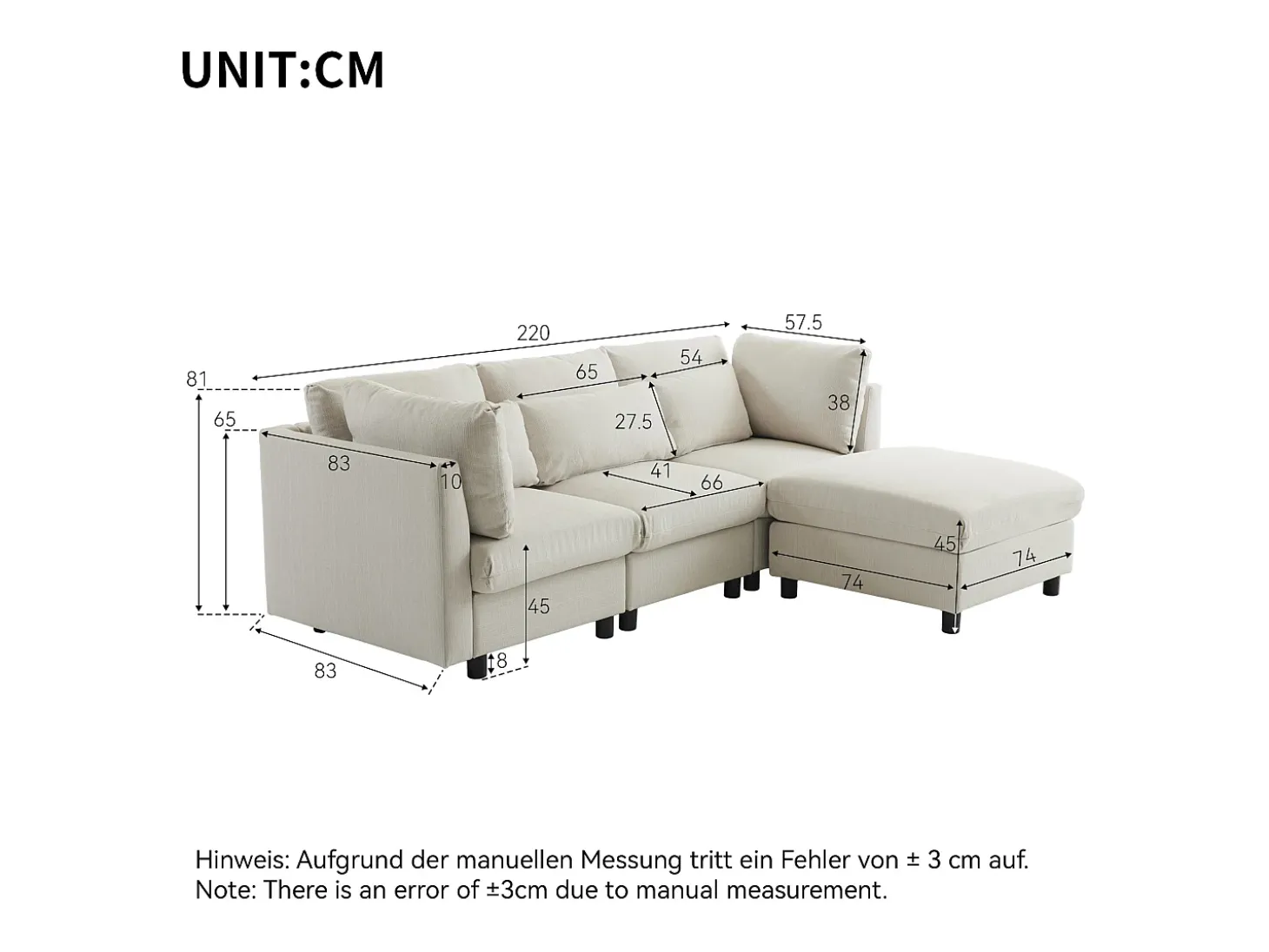 Mobiliário estofado de design moderno, sofá de 3 lugares, sofá de canto em forma de L com banco para pés, bege