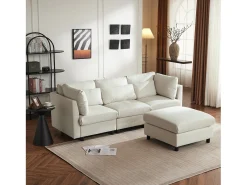 Mobiliário estofado de design moderno, sofá de 3 lugares, sofá de canto em forma de L com banco para pés, bege