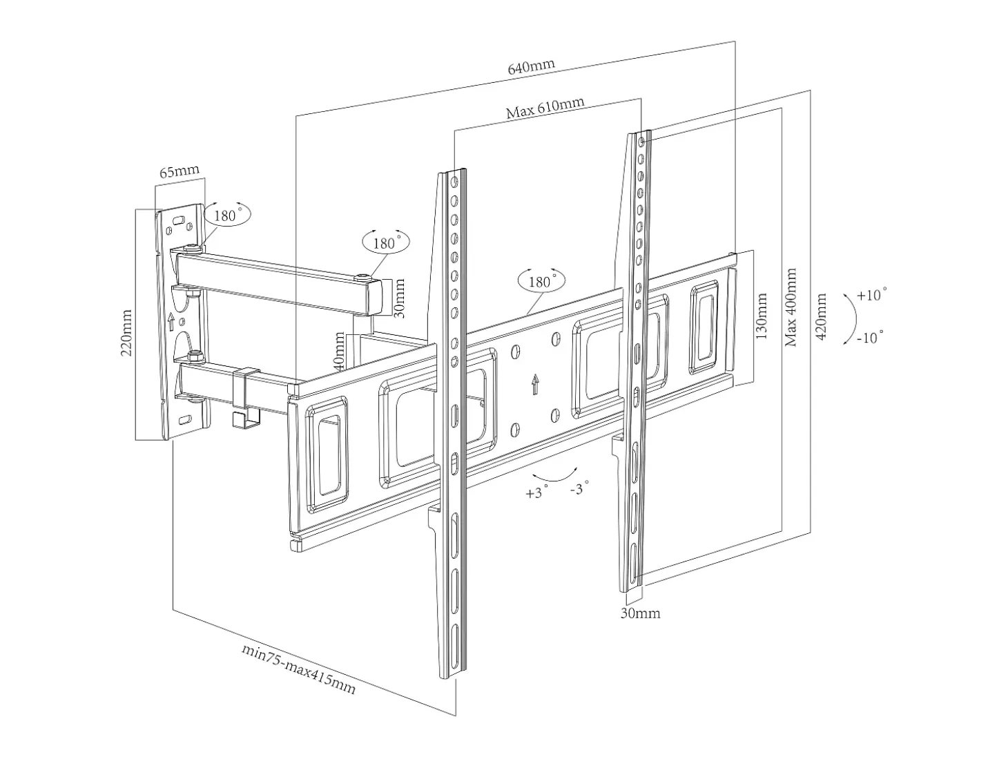 Montagem na parede de TV B-SN600 Preto A. 42 x L. 64 x P. 8 cm
