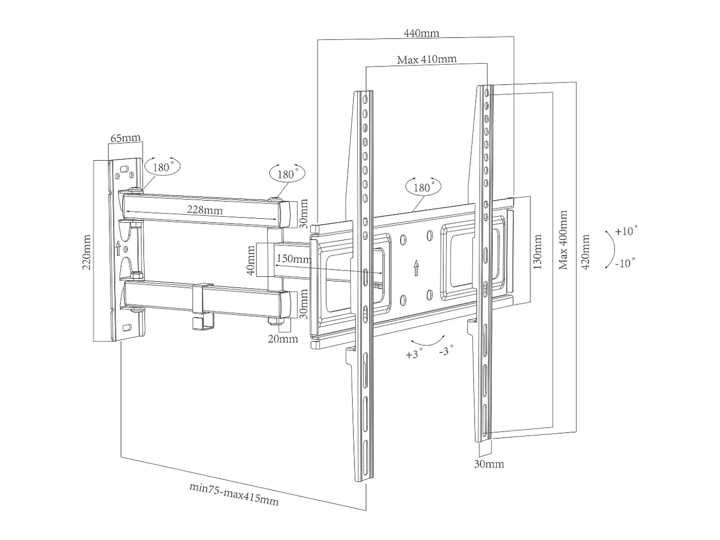 Montagem na parede de TV B-SN400 Preto A. 42 x L. 44 x P. 8 cm